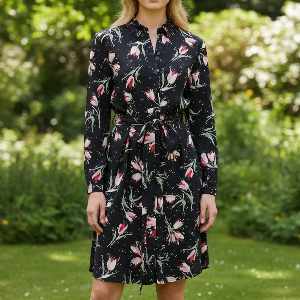Rebecca Taylor Dress Size 4 Black Floral Silk Midi Ruffle Neck Tie Waist 4084‎